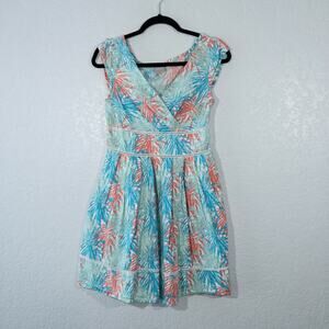 Eshakti Blue Leaf‎ Printed Cotton A-Line Dress Size Small
